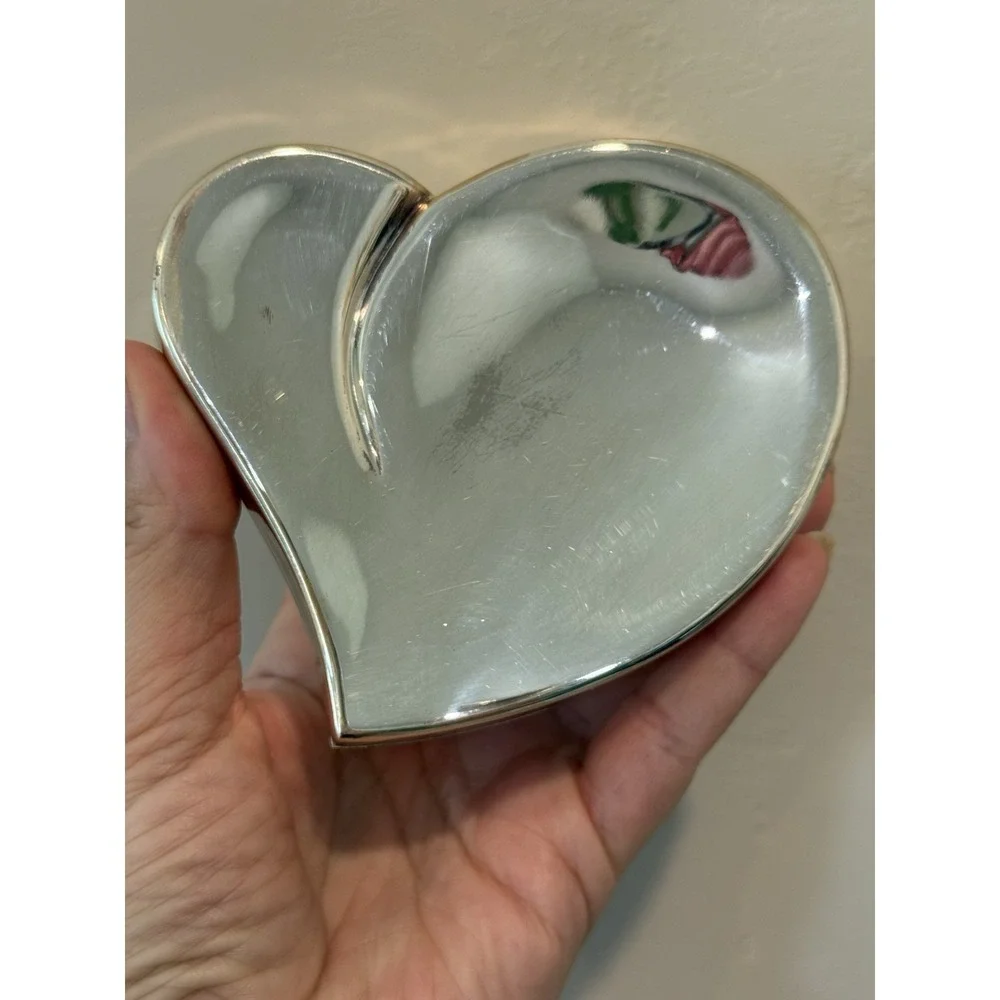 Vintage Polished Silver tone Mid Century Heart Trinket Box Black Velvet Lining